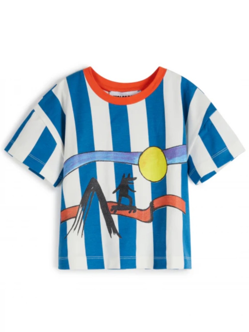 Wolf and Badger Kids Blue & White Striped Graphic Tee with Orange Trim